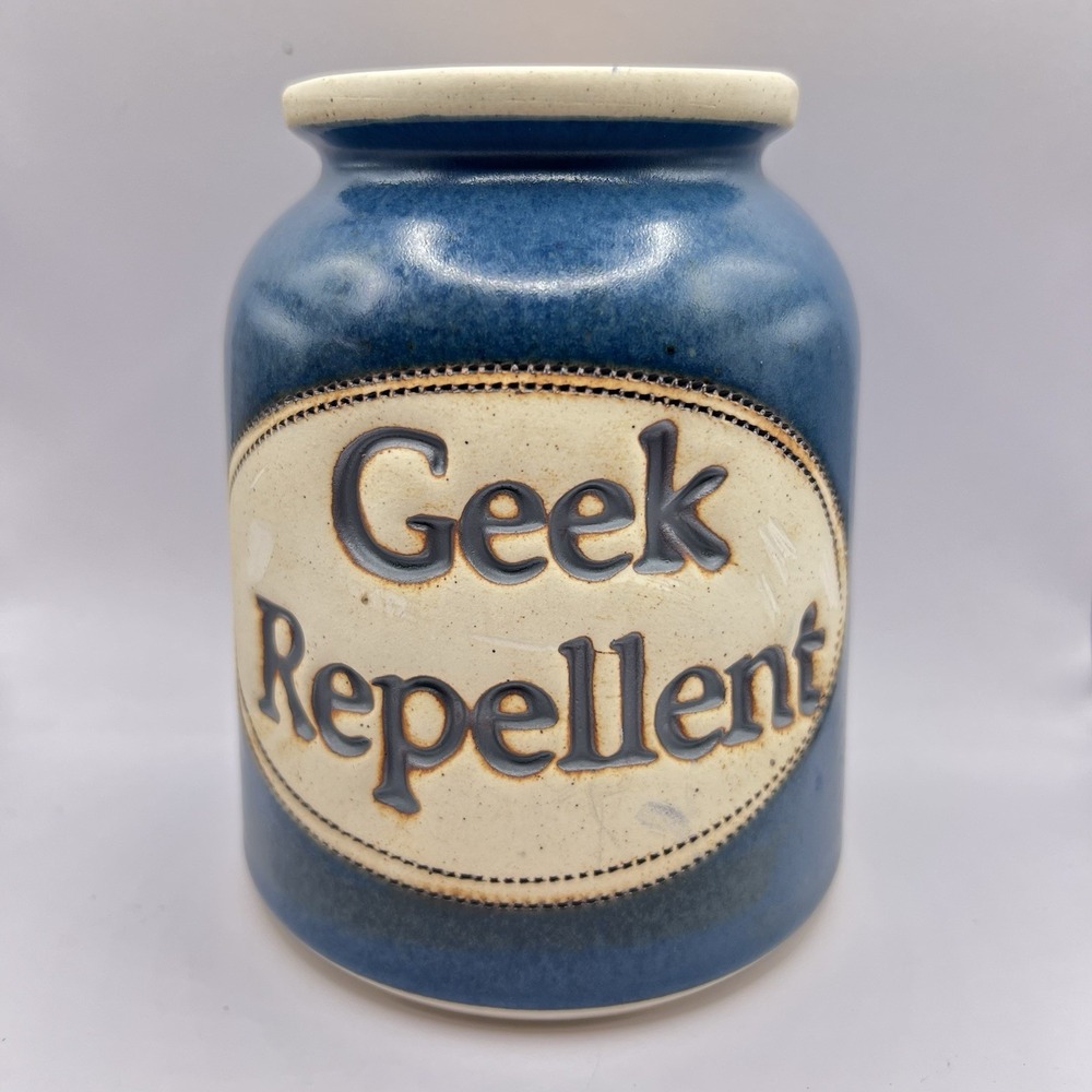 Vintage Dr.‎ Brophy's Word Jar "Geek Repellent" Clay Jar Canister Cork Top 1990s